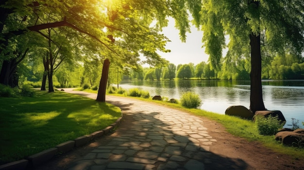 Landscape with a lake and a stone path in the foreground