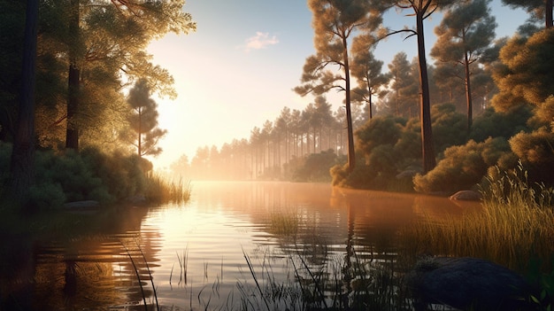 A landscape with a lake and trees in the background.