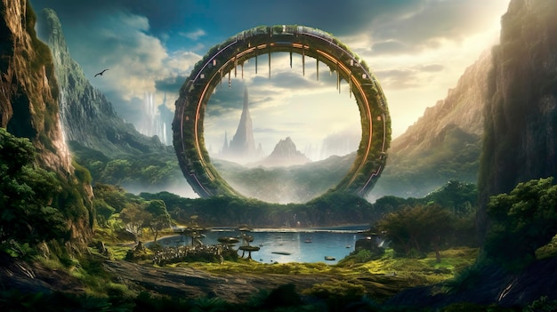 A landscape with a large ring in the middle of the forest.