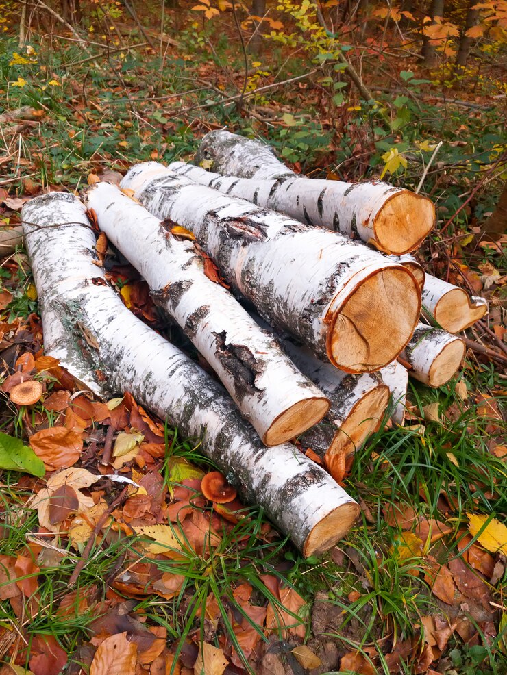 Фотография пейзаж с большой woodpile в осеннем лесу из распиленных грибов и сухих листьев