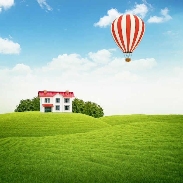 Landscape with lawn with house and air balloon in sky