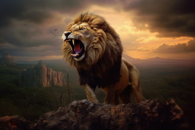 Lion roars in the savannah stock illustration. Illustration of nature -  111548720