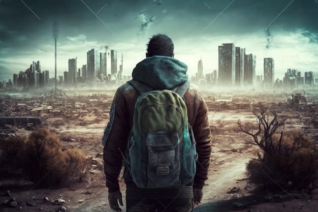 Landscape with man on his back and destroyed city in the background post apocalyptic scene AI