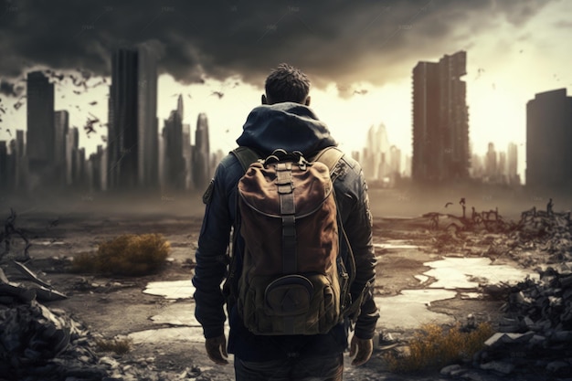 Пейзаж с человеком на спине и разрушенным городом на заднем плане постапокалиптическая сцена AI