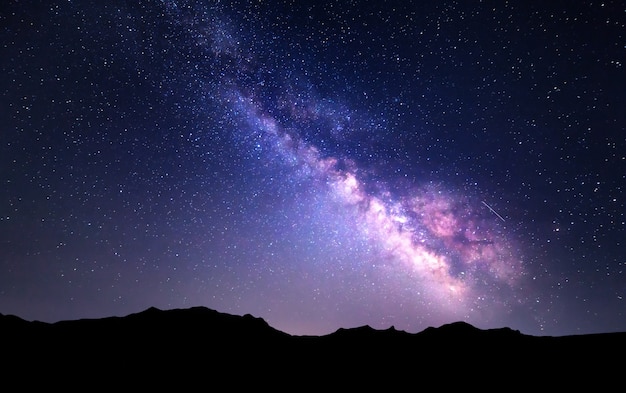 Paesaggio con via lattea. cielo notturno con stelle in montagna