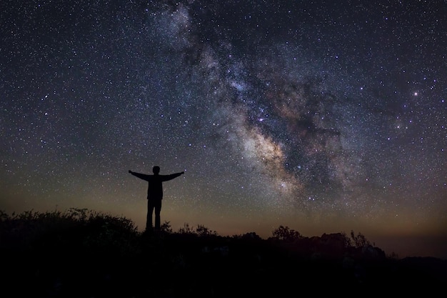 Landscape with milky way night sky with stars and silhouette of\
a standing happy man on the mountain