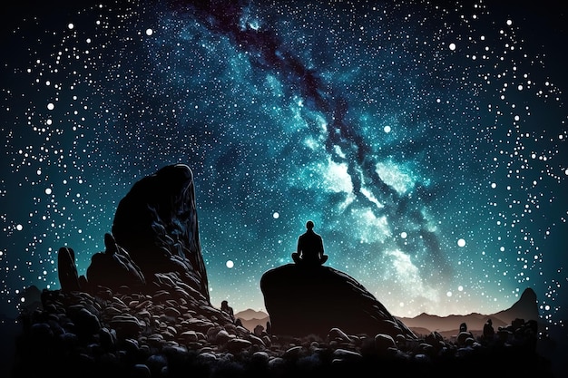 Landscape with the Milky Way stars and the silhouette of a seated athletic guy