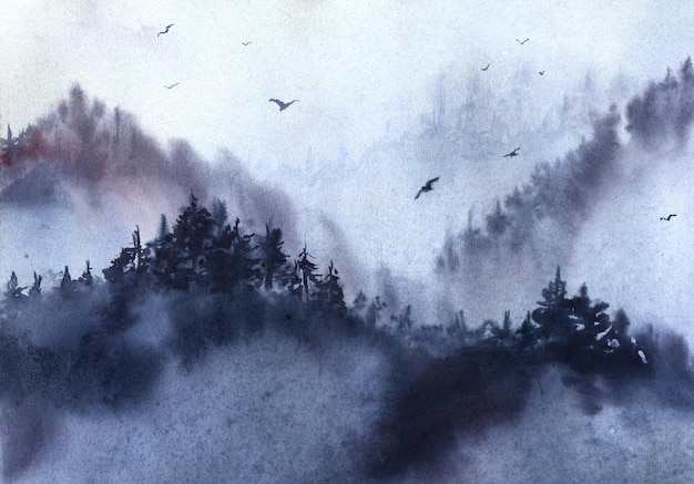 Landscape with misty winter forest mountains and a flock of birds watercolor illustration oriental p...