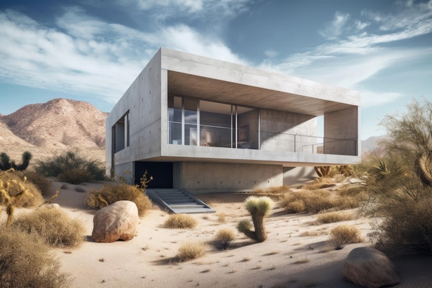 Пейзаж с современным домом на холме, концепция архитектуры с бетонной отделкой Генеративный ИИ