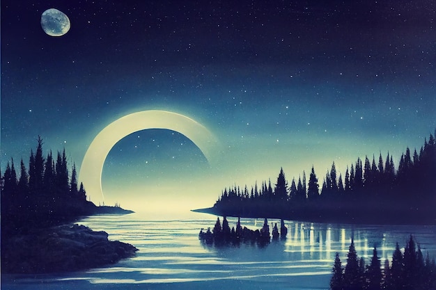 Landscape with Moon Illustration. Genarative AI