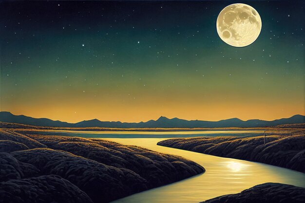 Landscape with Moon Illustration. Genarative AI