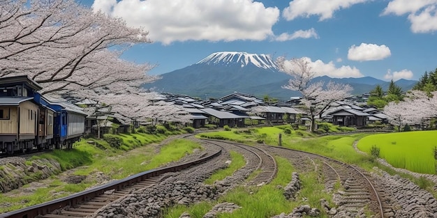 A landscape with a mountain in the background and a train track with a mountain in the background.