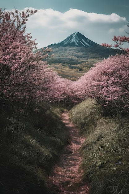 A landscape with a mountain in the background