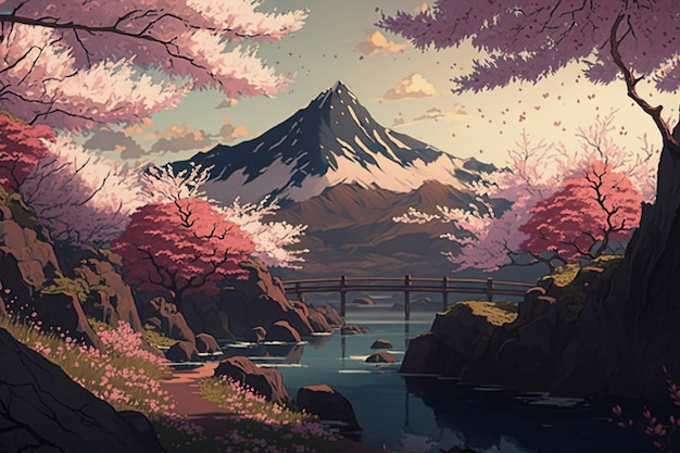 A landscape with a mountain and a bridge with cherry blossoms