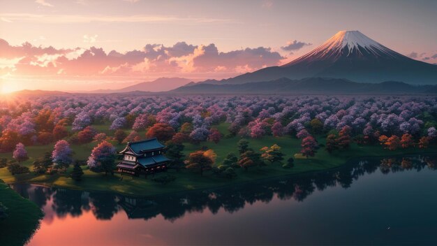 A landscape with a mountain and a house in the foreground