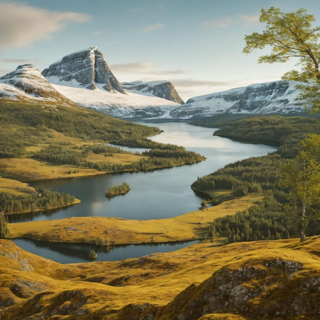 A landscape with a mountain and a lake and a tree with a mountain in the background.