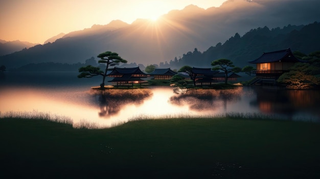 A landscape with a mountain and a lake with a temple in the foreground