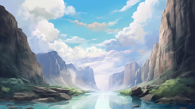 山と雲を背景にした川のある風景