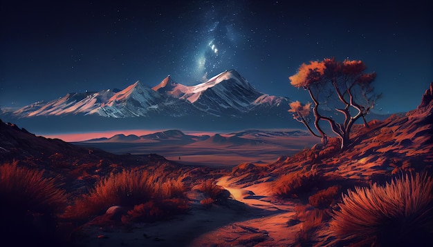 A landscape with a mountain and a starry sky