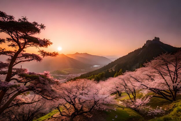 A landscape with a mountain and a sunset with a pink sky and a pink sunset in the background