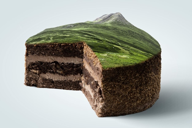 케이크 위에 산이 있는 풍경. 혼합 매체