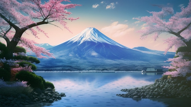 A landscape with a mountain and a tree with pink flowers