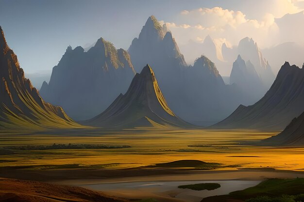 A landscape with mountains and a cloudy sky