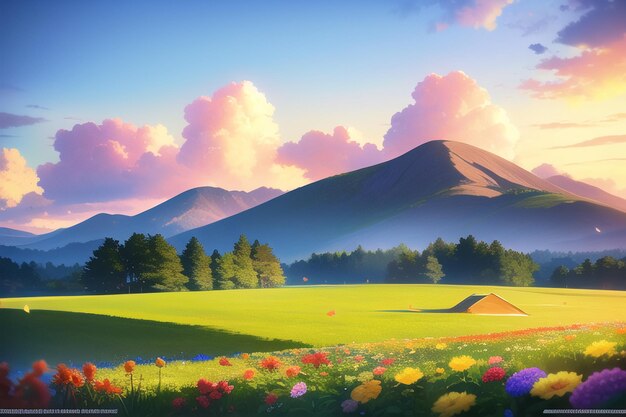 A landscape with mountains and a field of flowers