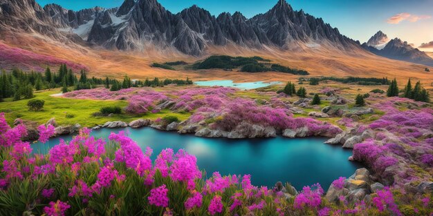 A landscape with mountains and flowers in the foreground