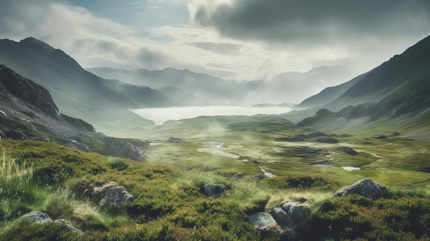 A landscape with mountains and fog in the distance