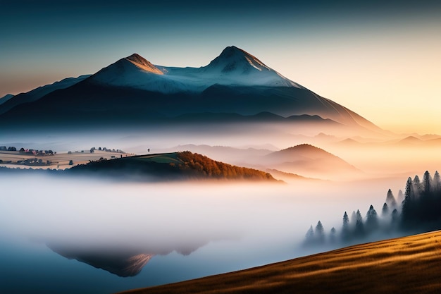 Landscape with mountains and fog Misty morning panorama