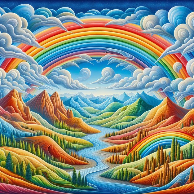 Photo landscape with mountains forest and rainbow colorful illustration