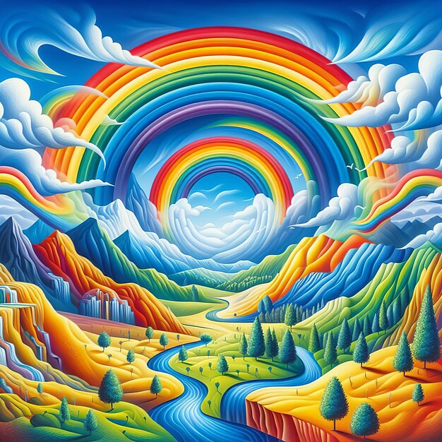 Photo landscape with mountains forest and rainbow colorful illustration