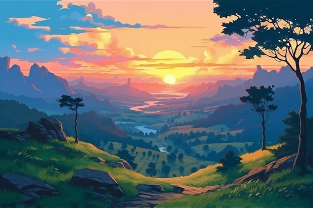 Landscape with mountains and forest at sunset cartoon illustration