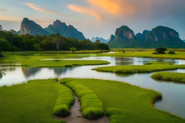 A landscape with mountains and a lake in the background