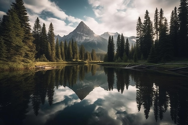 A landscape with mountains and a lake with flowers