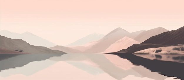 A landscape with mountains and a lake with a pink sky