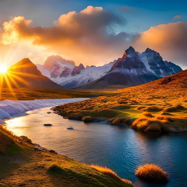 A landscape with mountains and a lake with the sun shining on it