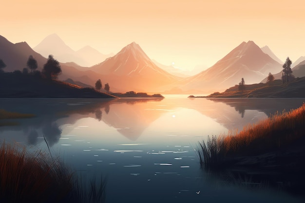 A landscape with mountains and a lake with a sunset in the background.