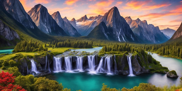 A landscape with mountains and a lake with a waterfall