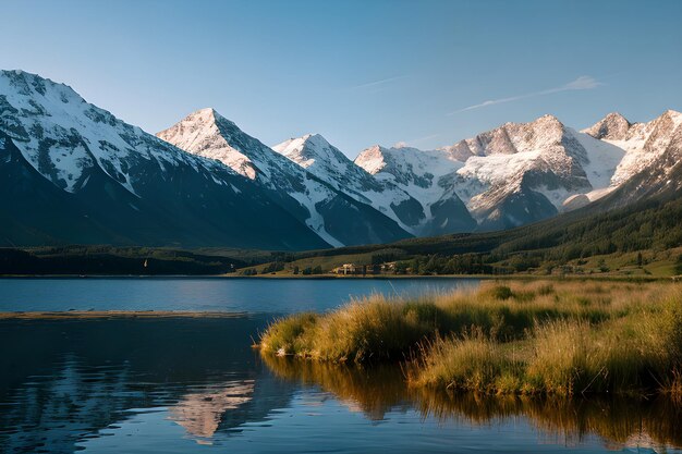 a landscape with mountains and a lake