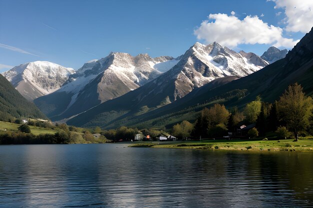 a landscape with mountains and a lake