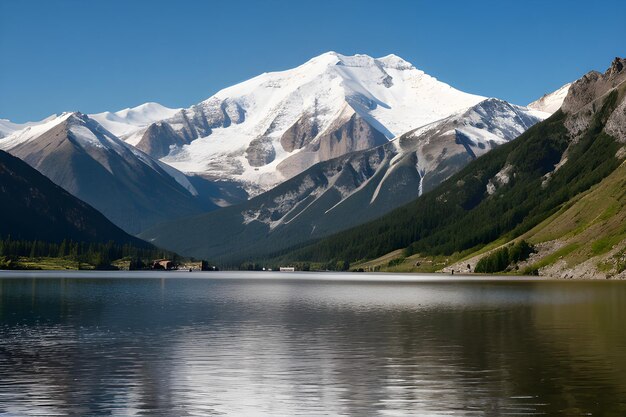 a landscape with mountains and a lake