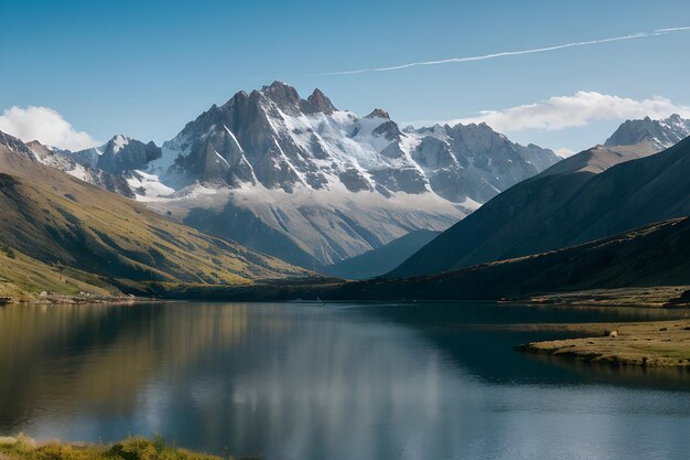 Photo a landscape with mountains and a lake