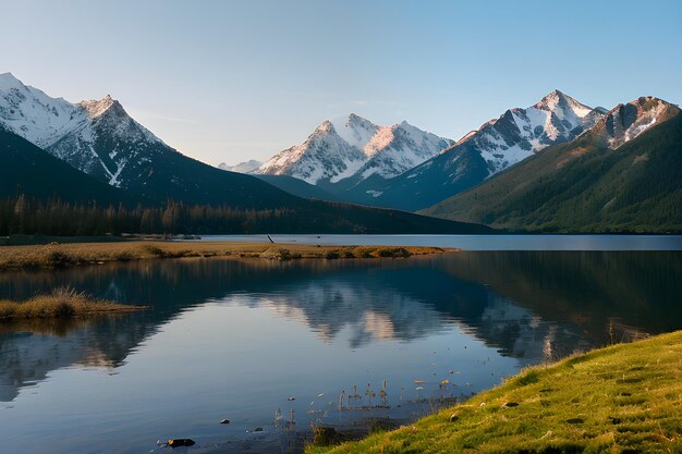 пейзаж с горами и озером