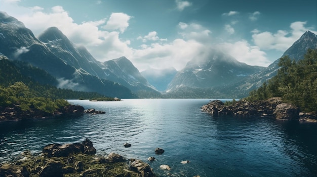 Photo a landscape with mountains and a lake