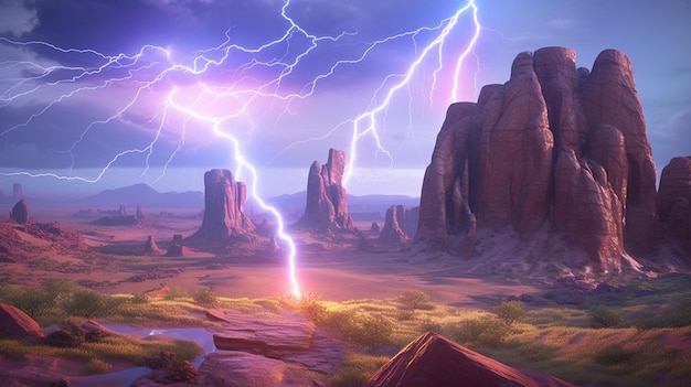 A landscape with mountains and lightning strikes in the desert.