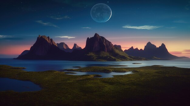 A landscape with mountains and a moon in the sky