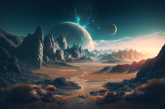 A landscape with mountains and a planet in the background