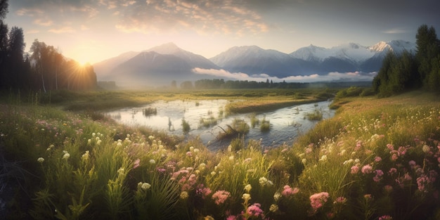 A landscape with mountains and a river in the background